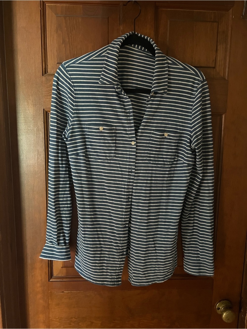 J. McLaughlin Navy and White Striped Button-Down Shirt( tshirt type fabric)